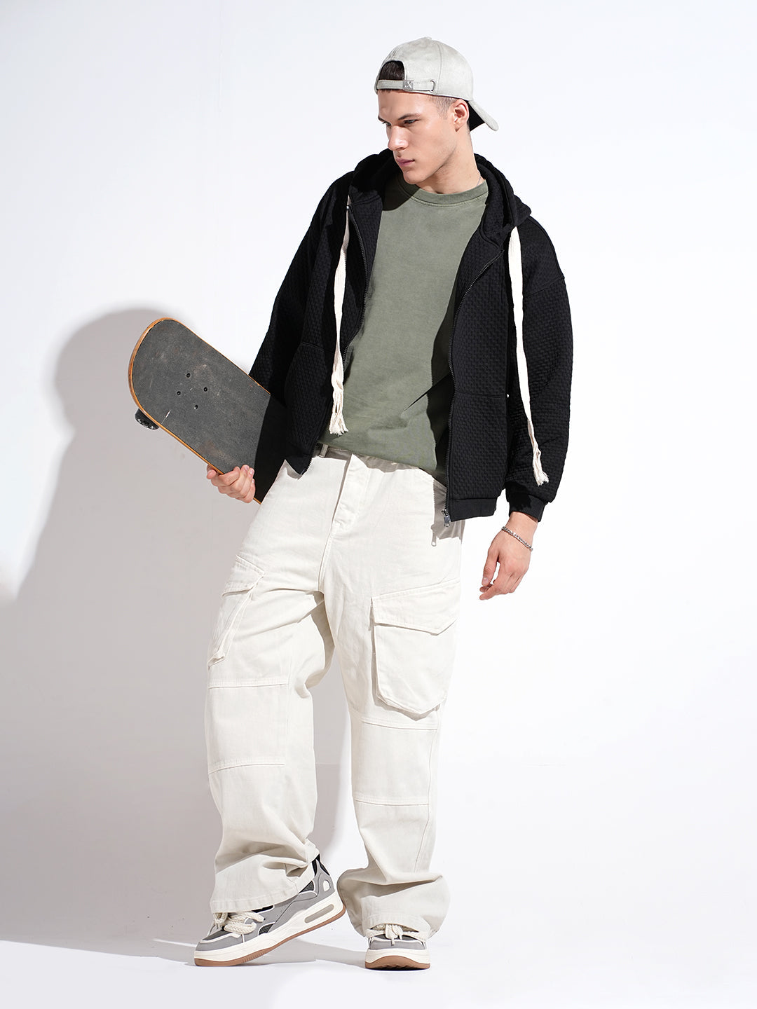 Men's Textured Black Ribbed Regular Fit Zip Up Hoodie