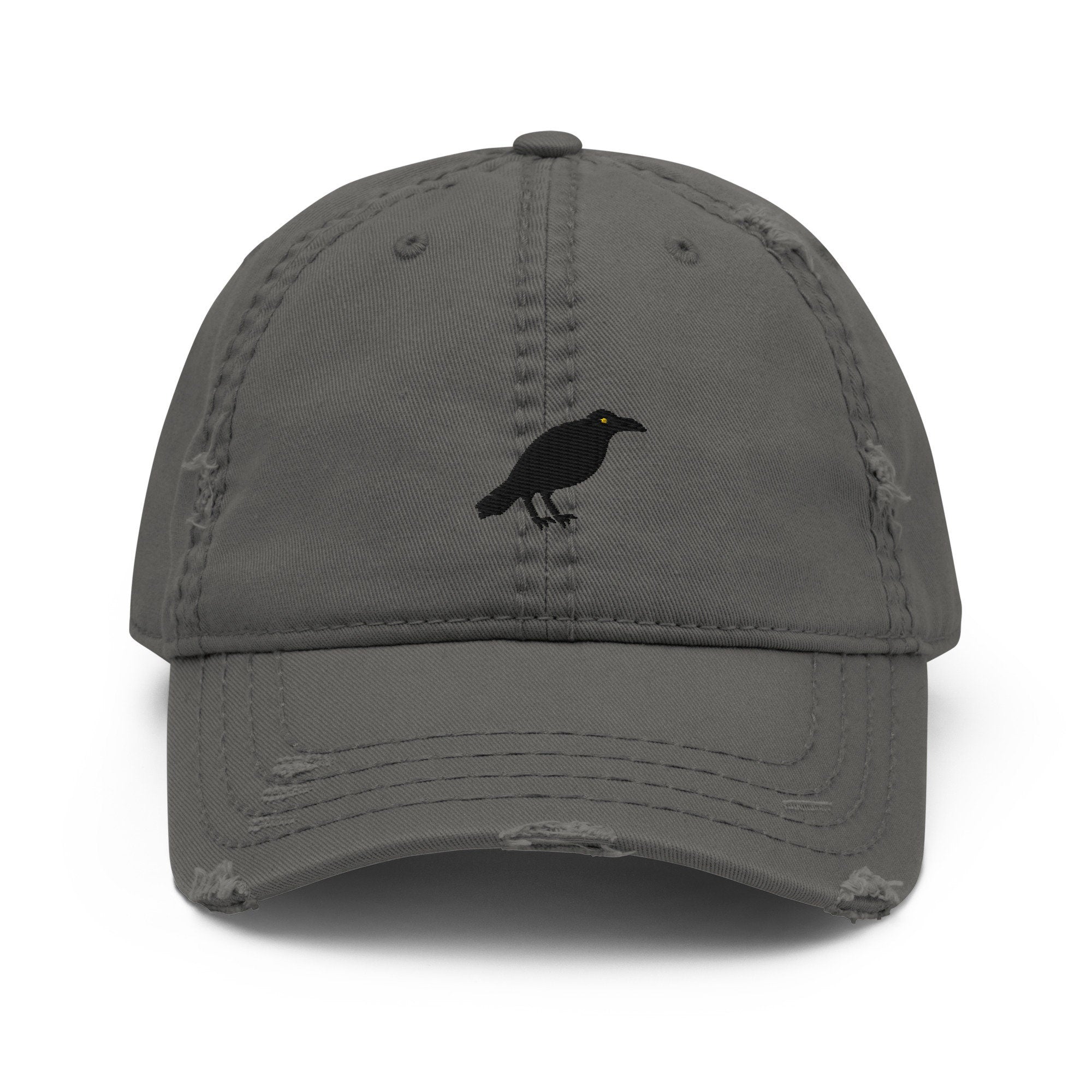 Crow Embroidered Distressed Embroidered Dad Hat, Frayed Cap Gift