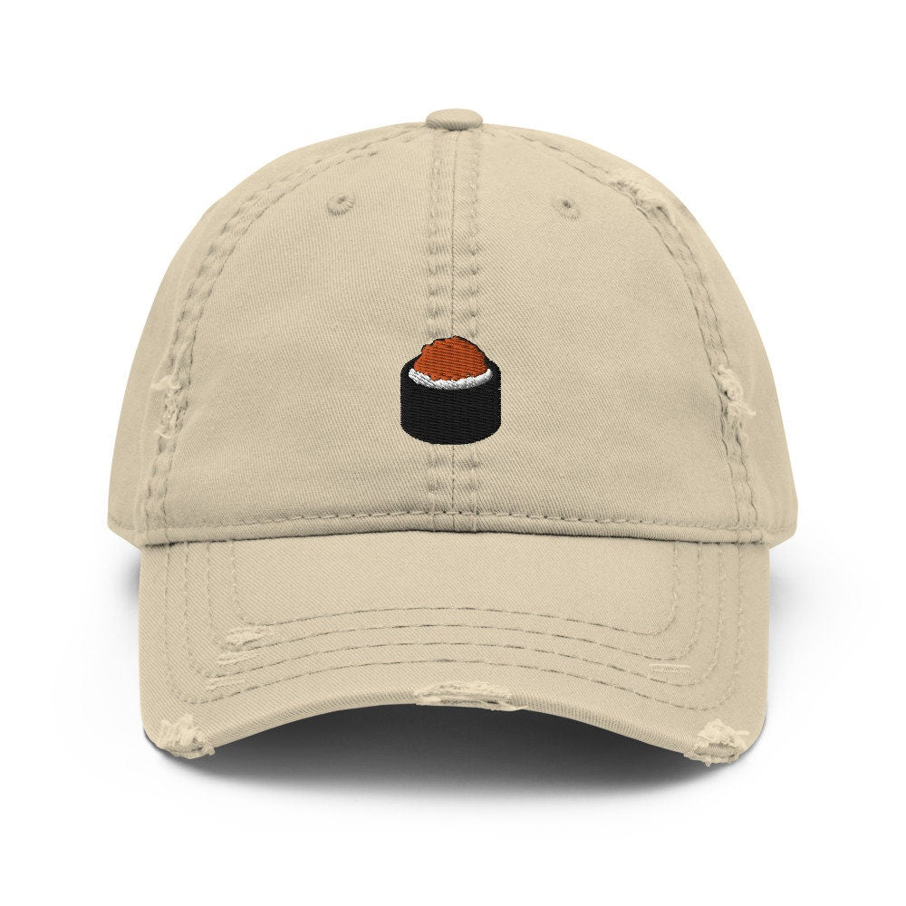 Sushi Roll Ikura Salmon Eggs Embroidered Distressed Dad Hat, Frayed Cap Gift